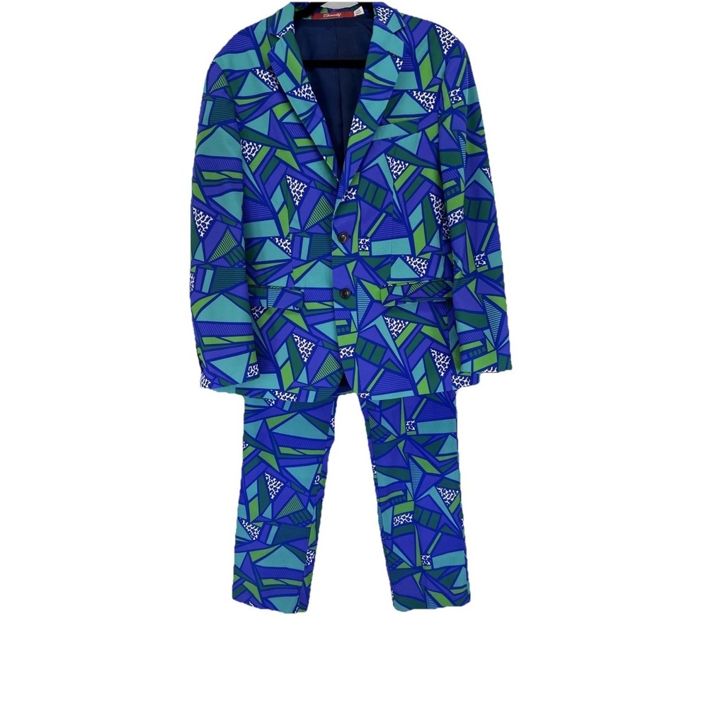 Shinesty Mens Geometric Abstract 90s Retro Suit Blue Green Blazer Pants Set 42R